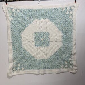 Crochet BABY BLANKET AFGHAN 35"x 35" Blue Green White Girl Boy Gift Handmade